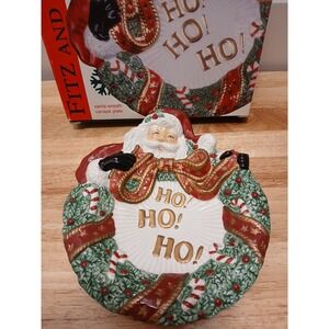 Fitz and Floyd Christmas Santa Wreath Canape Plate Ceramic Dish EUC